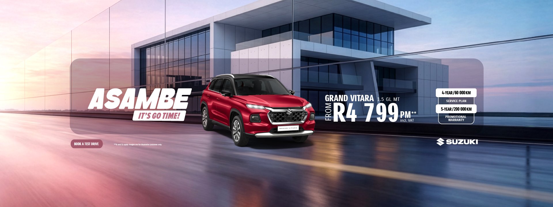 Red Grand Vitara in front of building priced at R4799