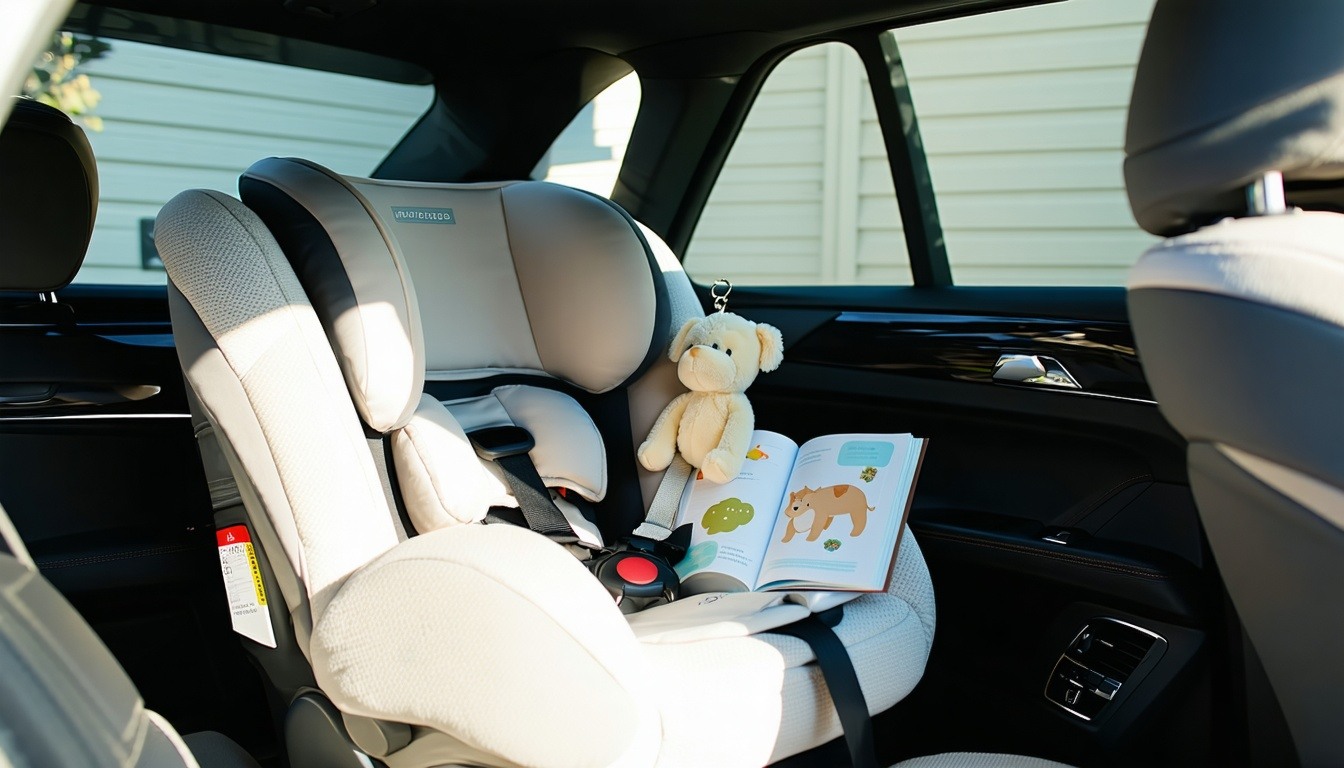 A cozy interior of a car is depicted with a sleek modern infant car seat securely installed in the back seat The seat is designed in soft pastel colors featuring a plush headrest and a fivepoint harness emphasizing safety and comfort Sunlight streams-2
