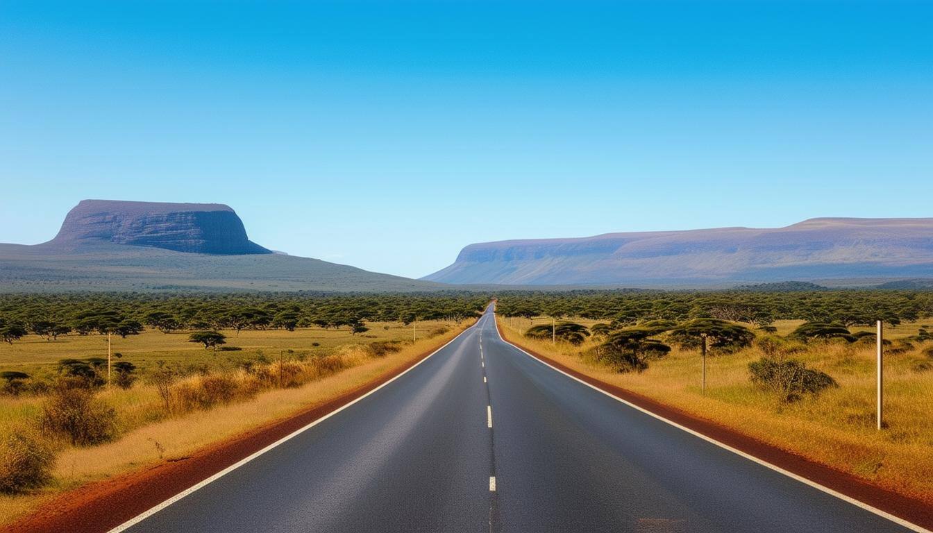 The image depicts a scenic view from during a road trip in south africa