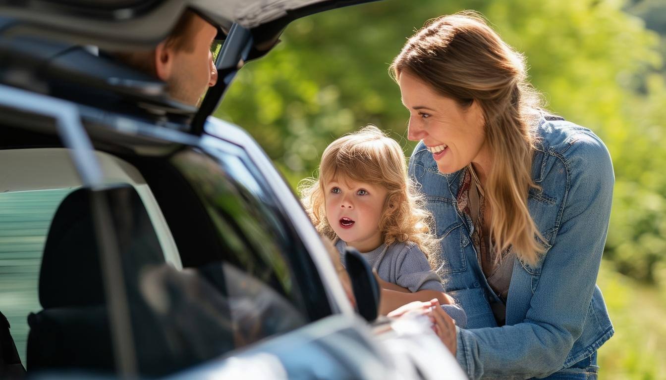 a picture of mother and child standing outside of a car while looking into the car and chatting to the father who is looking at them