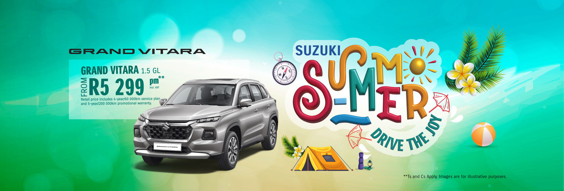 Promotional banner for the Suzuki Grand Vitara 1.5 GL in a gray color, available from R5,299 per month including VAT. The offer includes a 4-year/60,000 km service plan and a 5-year/200,000 km promotional warranty. The background highlights Suzuki's 'Summer Drive the Joy' campaign, featuring vibrant lettering and summer-themed elements like palm leaves, plumeria flowers, a beach ball, umbrellas, and a compass, set against a bright blue sky. Terms and conditions apply, and images are for illustrative purposes.