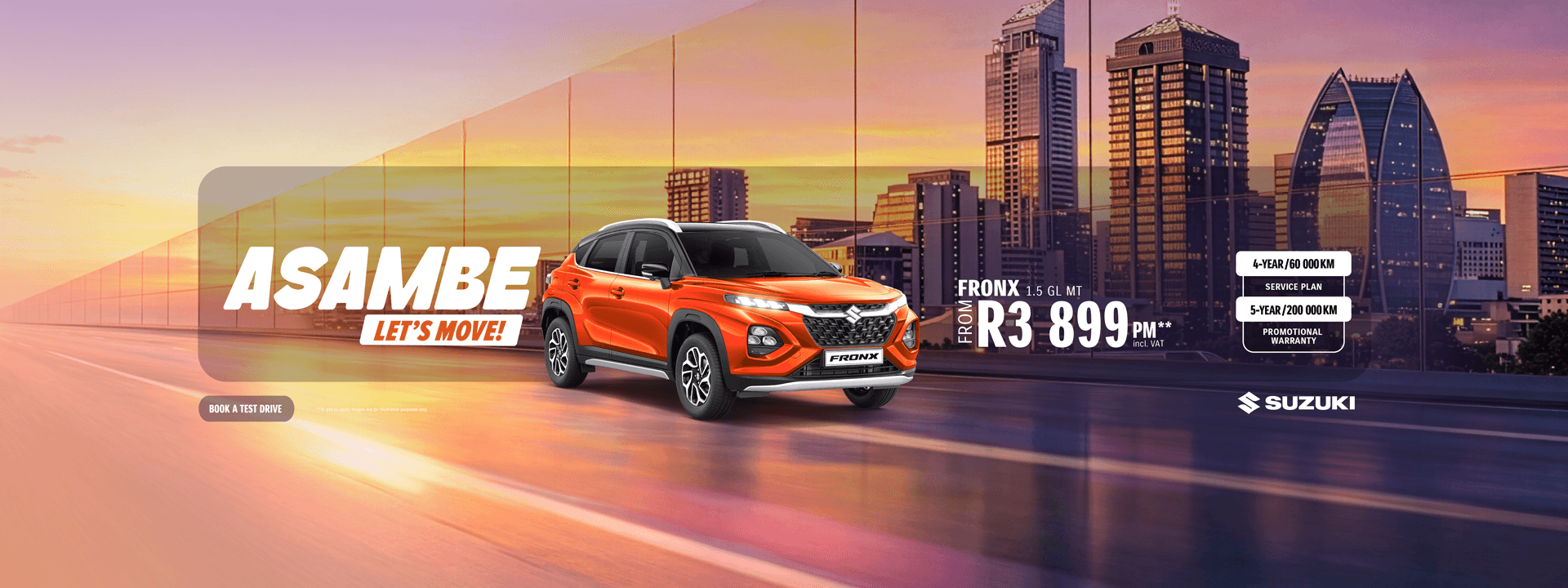 Orange Suzuki Fronx in front of building asambe let's go retailing at R3899 per month