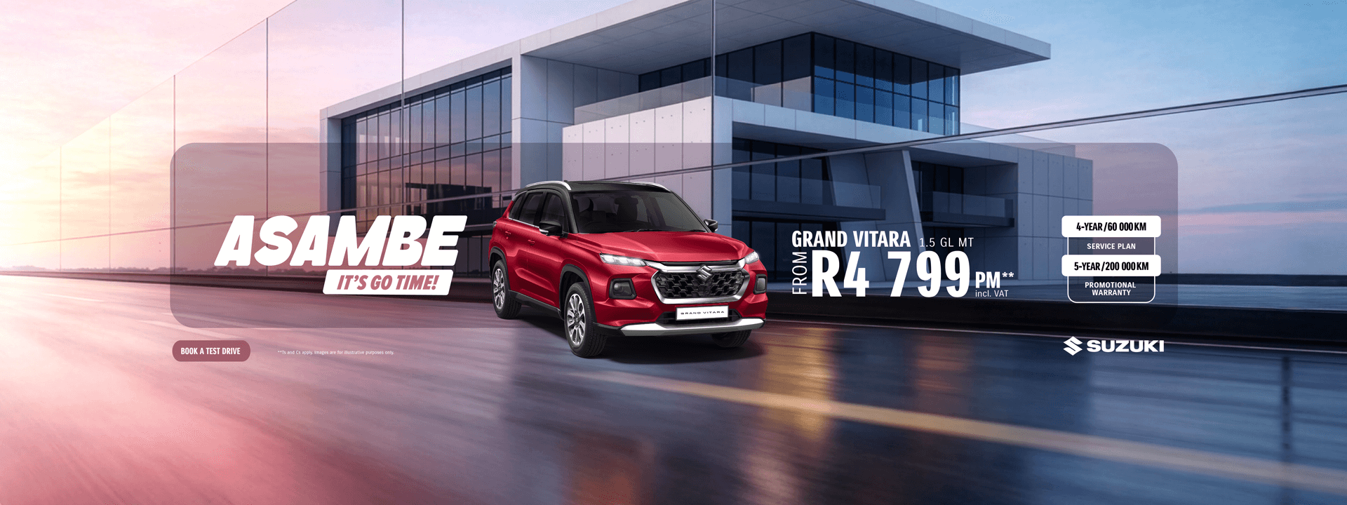 Red Suzuki Grand Vitara in front of building Asambe it's go time retailing at R4799 per month.