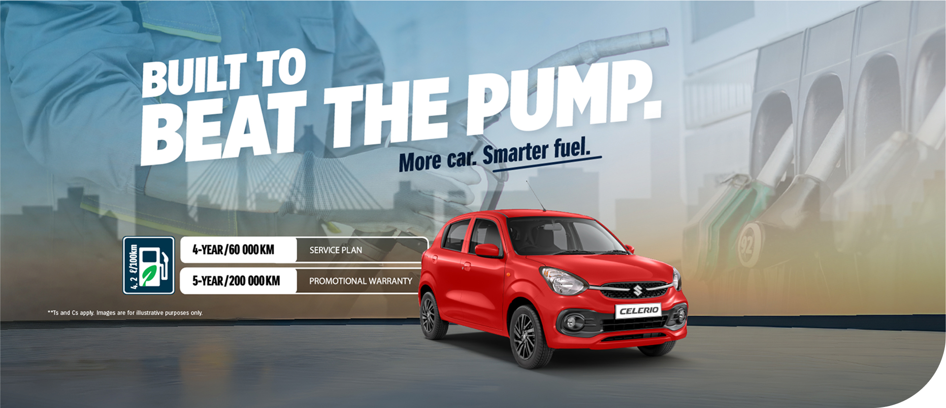 Promotional banner for the Suzuki Celerio red hatchback car, featuring fuel efficiency text "Built to Beat the Pump" with 4.2 l/100km fuel consumption, service plan, and promotional warranty details.