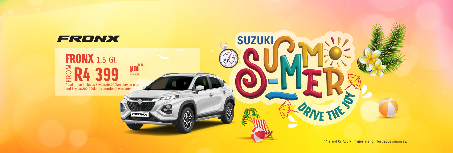 Promotional banner for the Suzuki Fronx 1.5 GL, priced at R4,399 per month. Features a silver car with summer-themed graphics and the text "Suzuki Summer Drive the Joy.